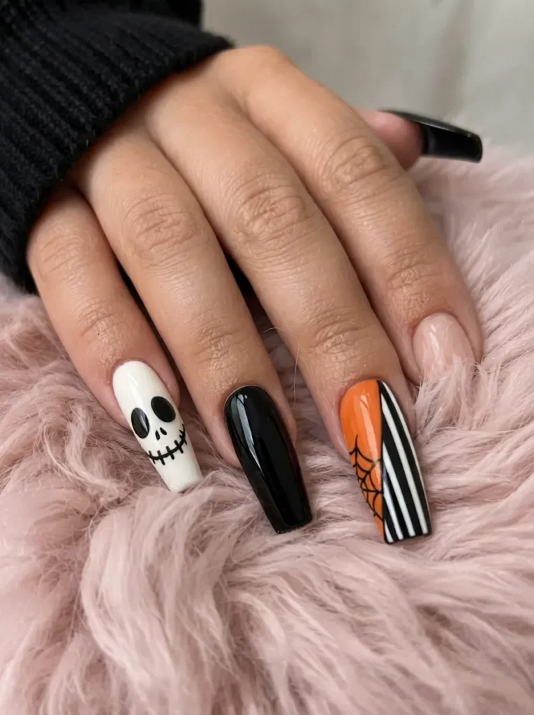 Coffin nails styled for Halloween with a mix of solid black, white featuring a stitched skeleton face, and an orange-and-black striped design with a spiderweb.
