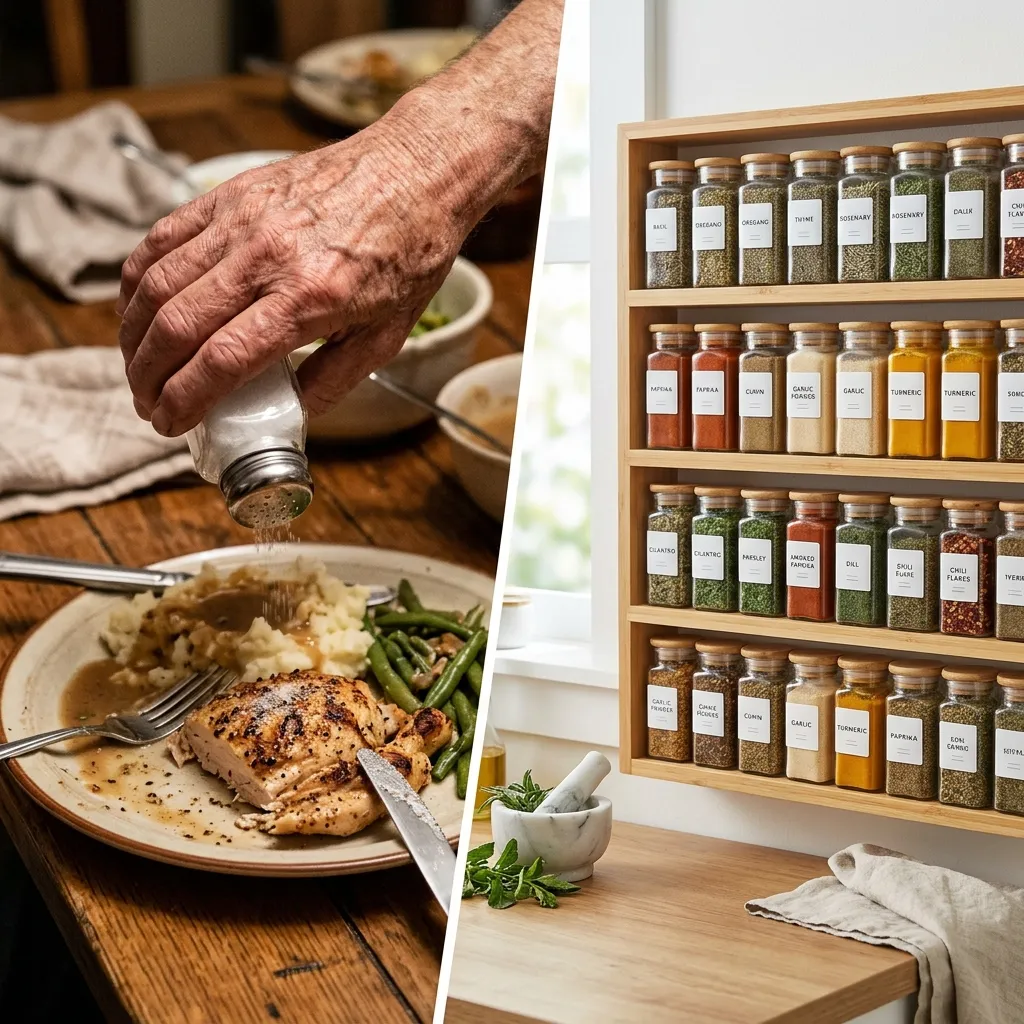 Hand sprinkling salt over a cooked chicken breast and mashed potatoes dinner next to a wooden spice rack.