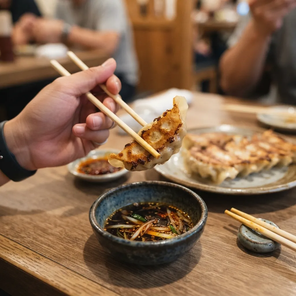 A hand uses chopsticks to hold a crispy, pan-fried gyoza dumpling over a bowl of dipping sauce, with a plate of more gyoza in the background.