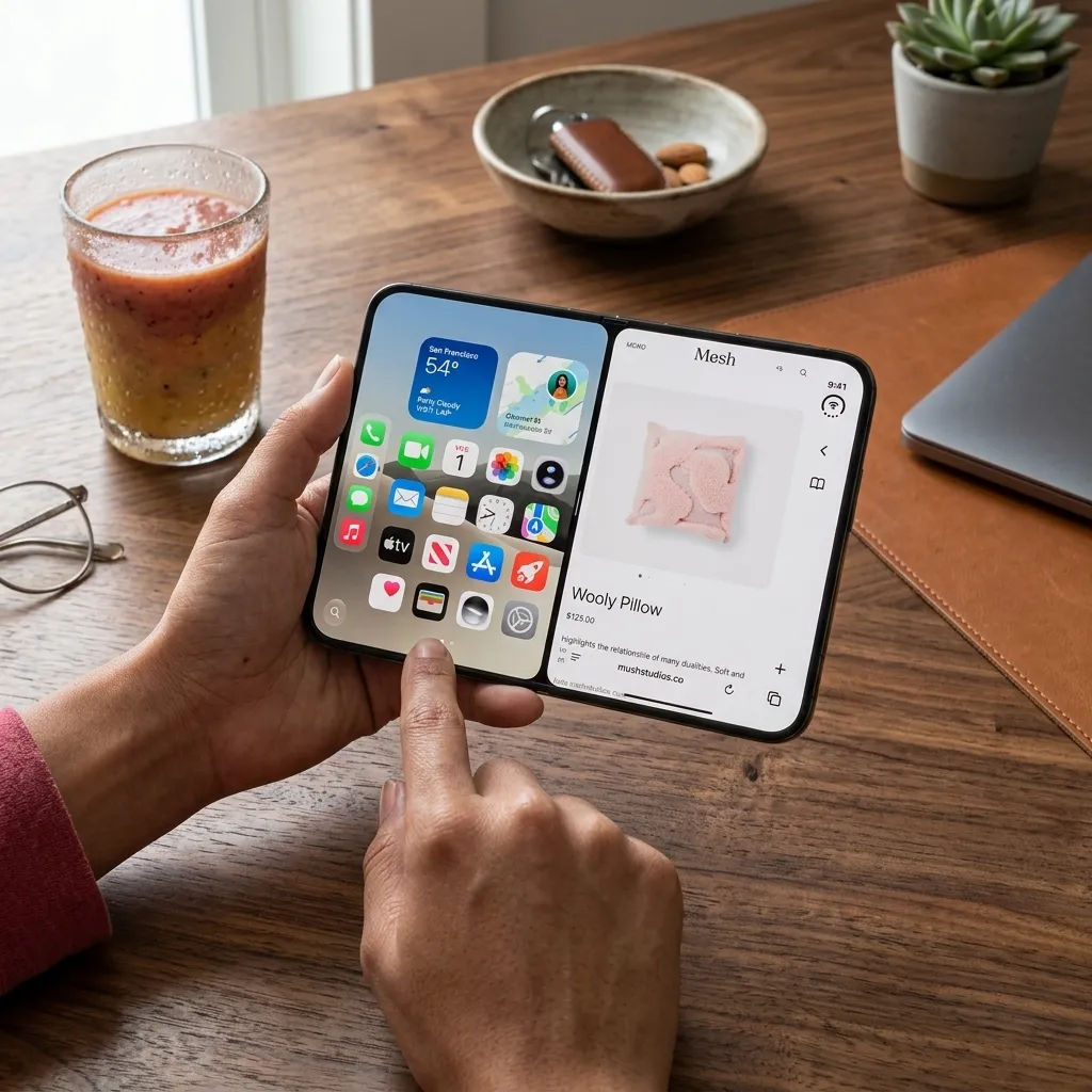 Hands holding an open foldable smartphone showing a split screen with app icons and a shopping page on a wooden desk setup