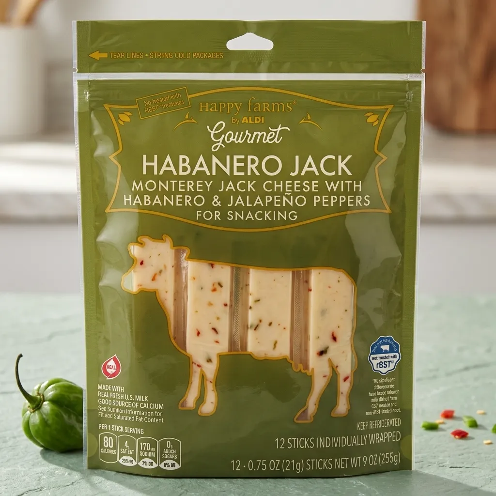 Happy Farms Gourmet Habanero Jack cheese sticks green bag featuring 12 individually wrapped cheese sticks with visible pepper flecks and a cow cutout.