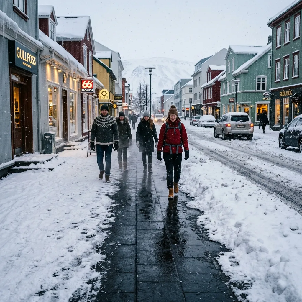 People walking down a snowy street in Reykjavik, Iceland, where heated sidewalks are actively melting the snow.