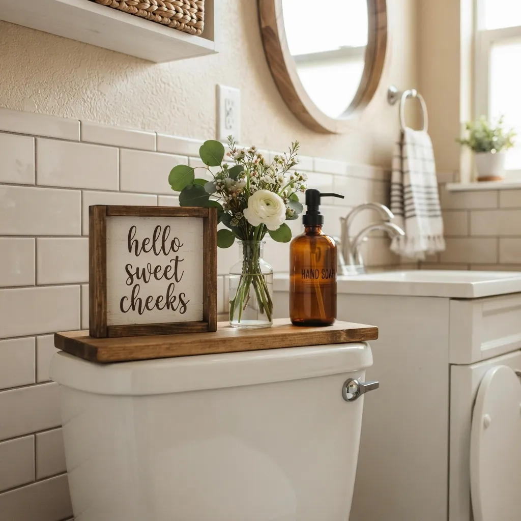 A small rustic wooden sign that reads "hello sweet cheeks" sitting on a wooden tray atop a toilet tank in a bathroom, alongside a glass vase with white flowers and an amber soap dispenser.