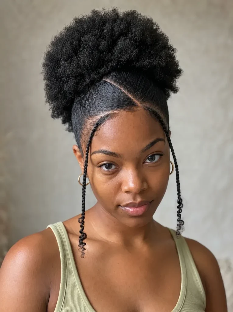 A Black woman with a high afro puff and two long face-framing braided strands, wearing a light green tank top and gold hoop earrings.