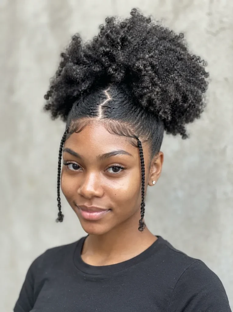 A Black woman with a high curly puff featuring a precise zigzag parting and two front face-framing braids.