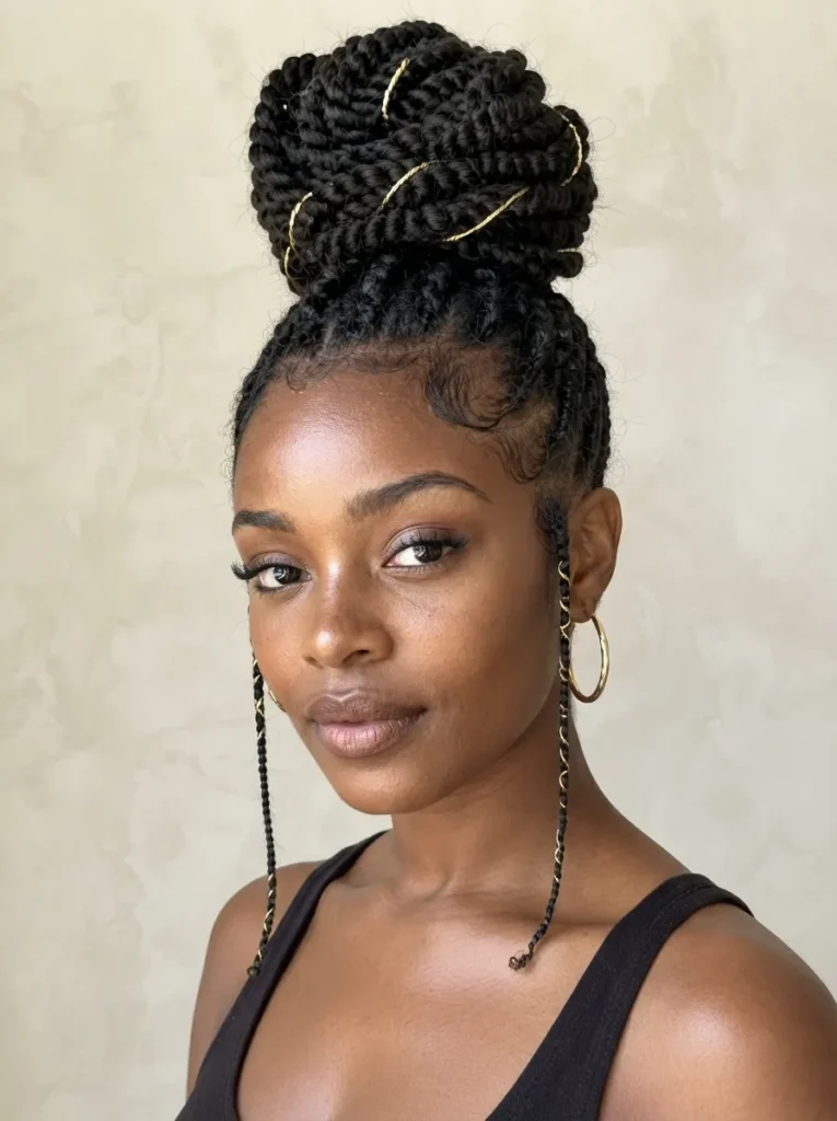 A Black woman with long black box braids styled in a high bun interwoven with gold cord, wearing gold hoop earrings and a black tank top.