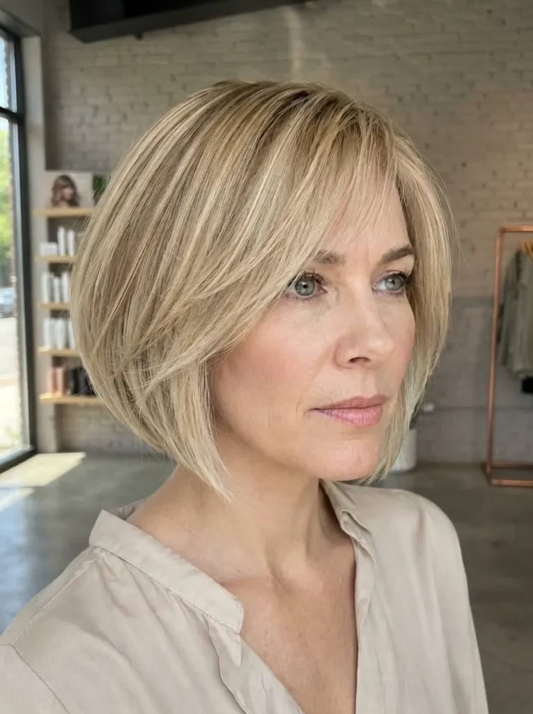 A woman with a highlighted blonde angled bob featuring invisible layers and soft side bangs.