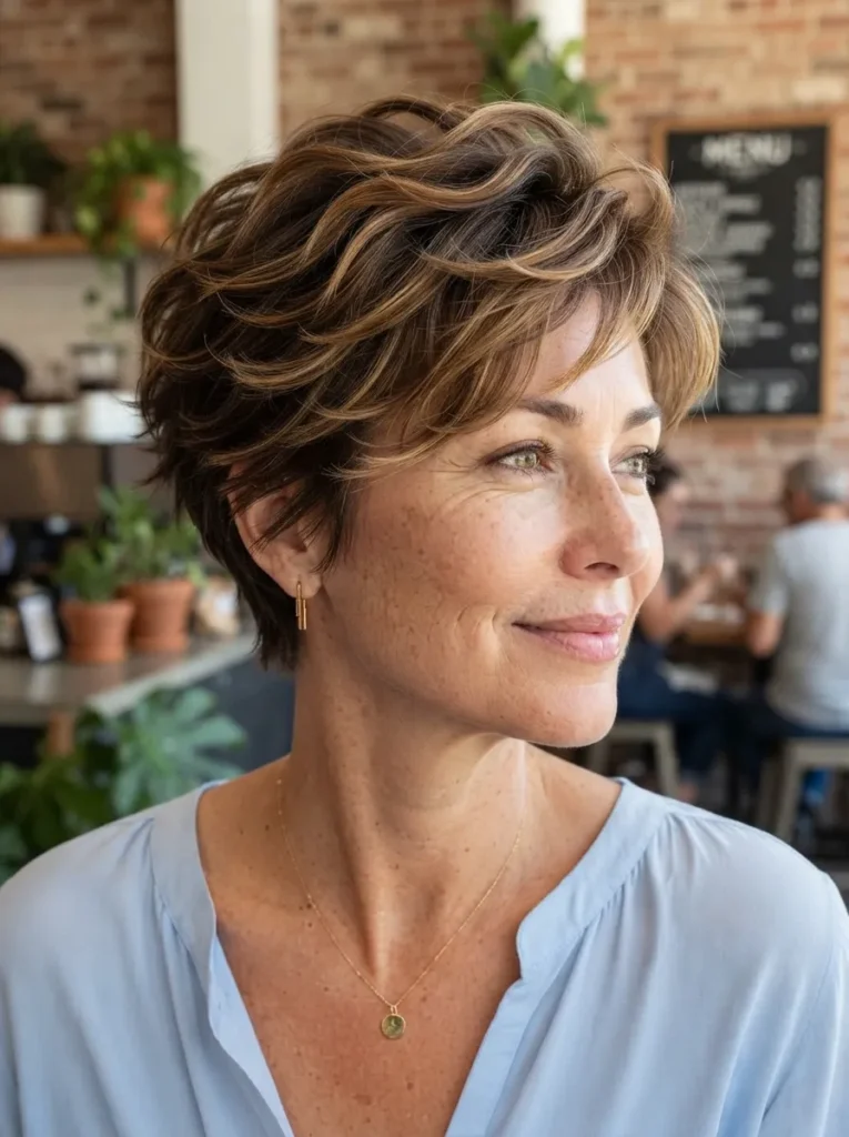 Mature woman with a voluminous layered pixie cut and highlights wearing a light blue top