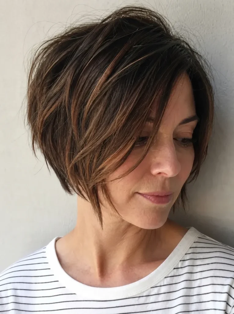 Side profile of a woman with a highlighted, textured bob hairstyle wearing a striped shirt