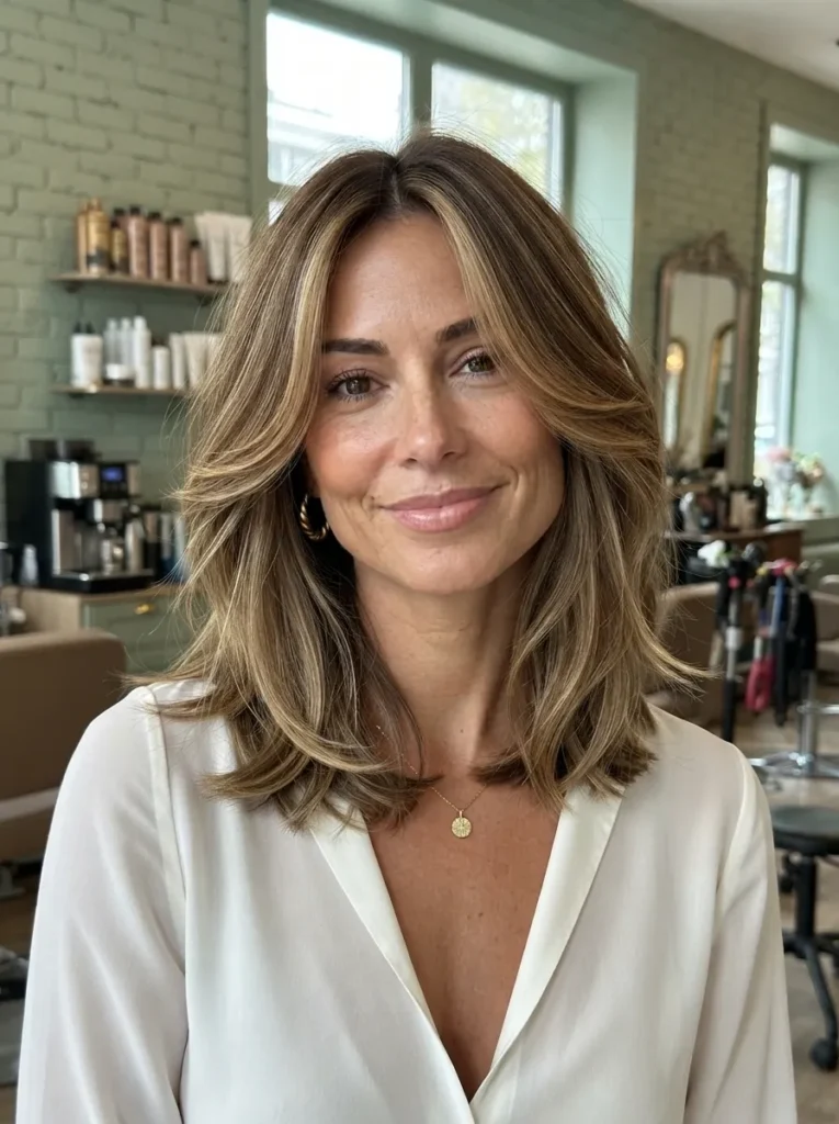 Woman wearing a white top with a honey-blonde highlighted layered blowout hairstyle in a salon.