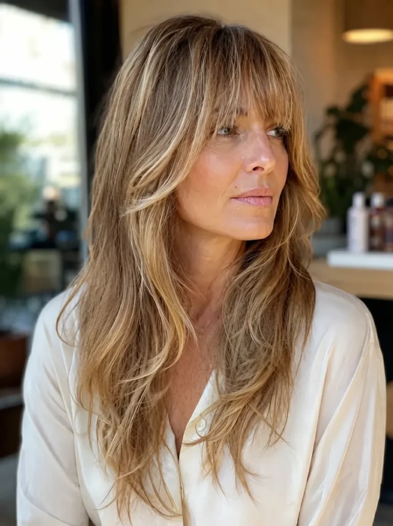 Woman with honey blonde long layers and wispy bangs wearing a cream-colored top.