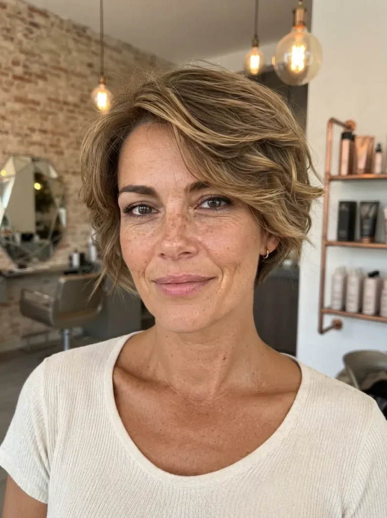 Close-up portrait of a woman with a stylish, voluminous pixie-bob haircut and freckles