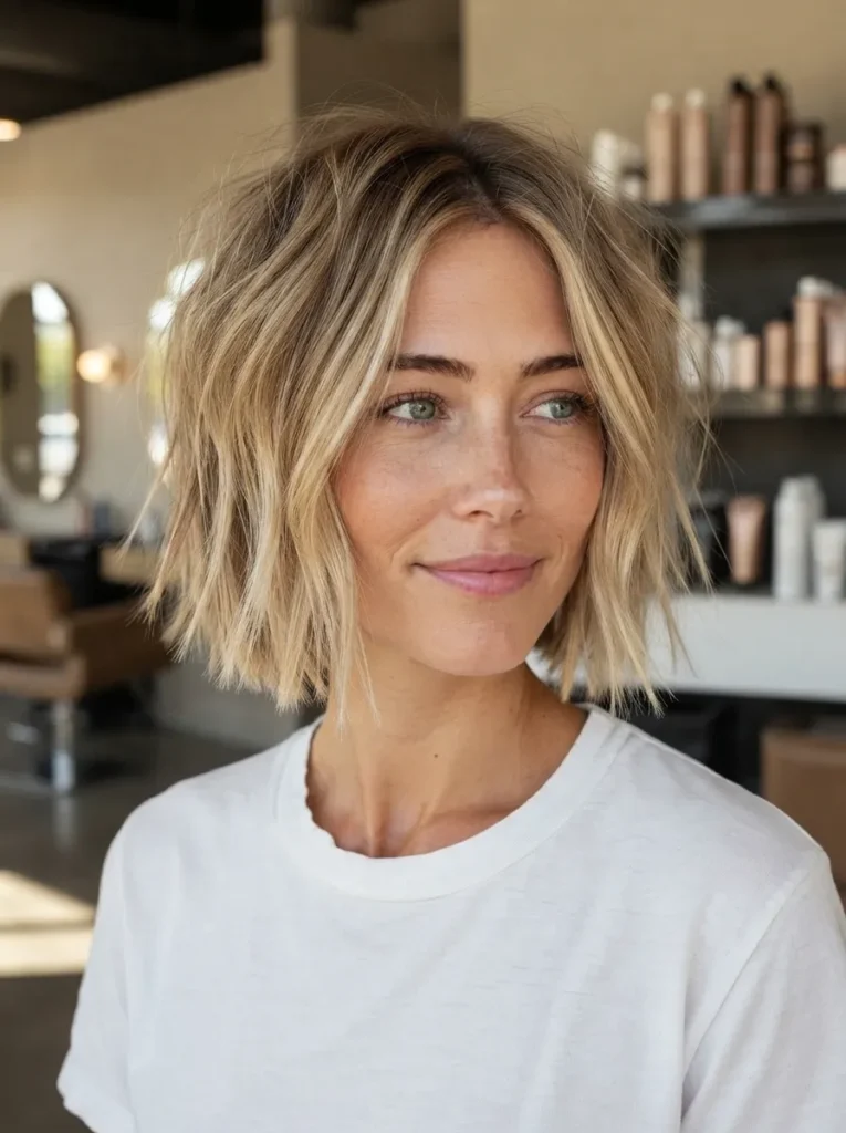 A woman with a honey blonde textured bob wearing a white t-shirt.
