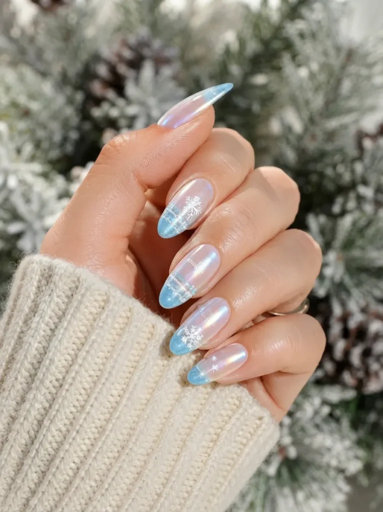 Hand wearing a cream sweater, showcasing icy blue gradient chrome almond nails decorated with white snowflake and plaid winter patterns.