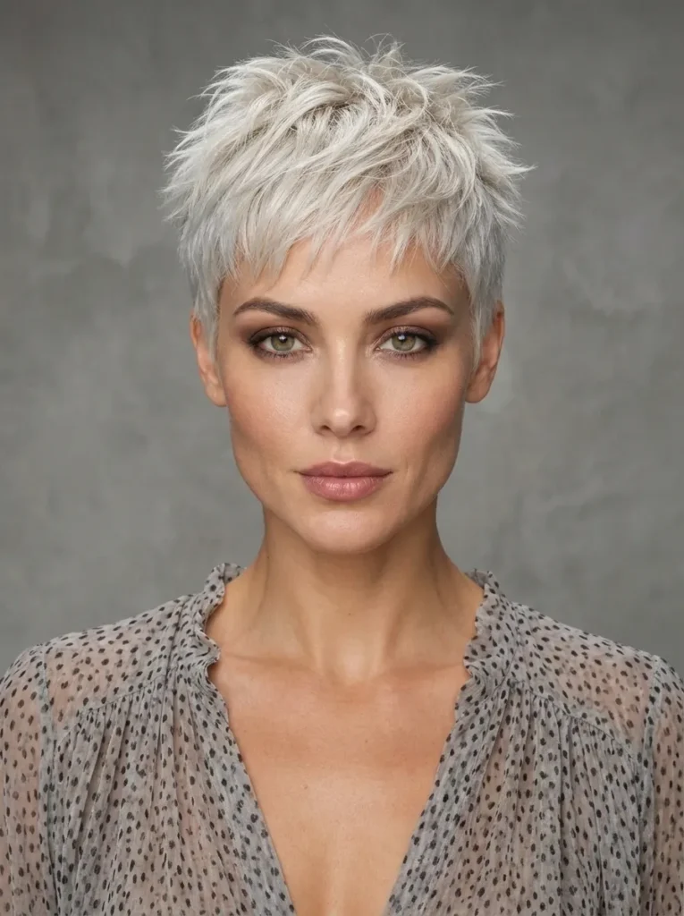 Portrait of a woman with an icy platinum blonde textured pixie cut, wearing a grey polka dot blouse.