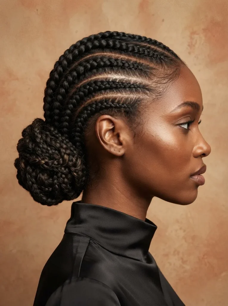 Side profile of a woman wearing elegant, straight-back intertwined cornrows gathered into a neat, voluminous low braided bun