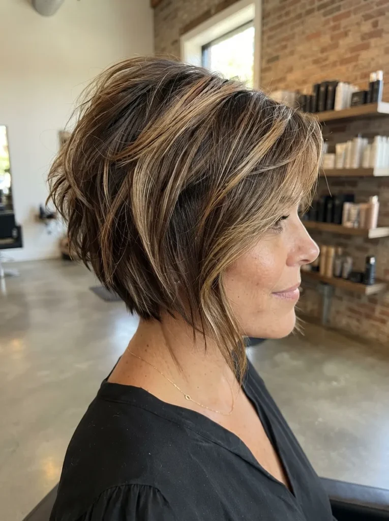 Profile view of an inverted choppy brown bob with blonde highlights and a black top.