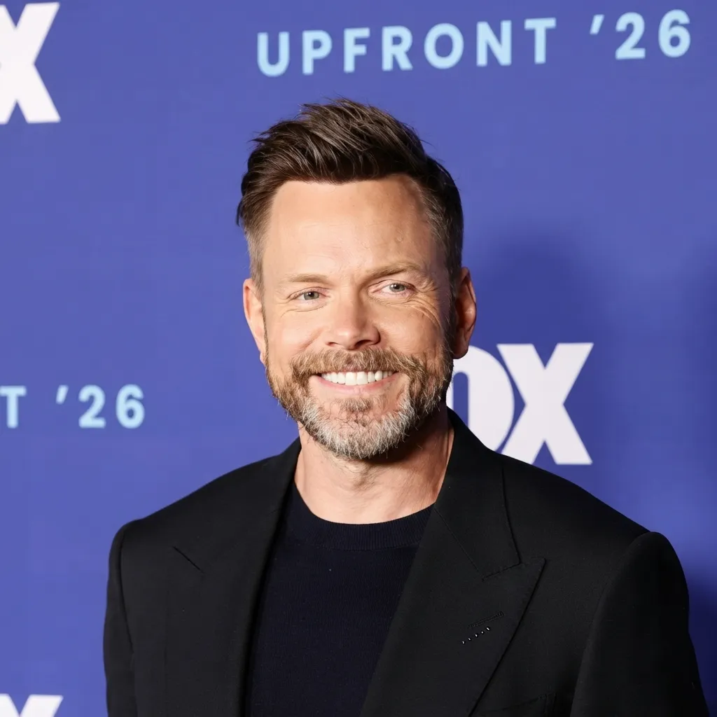 Joel McHale smiling in a black suit in front of a blue "Upfront '26" background.
