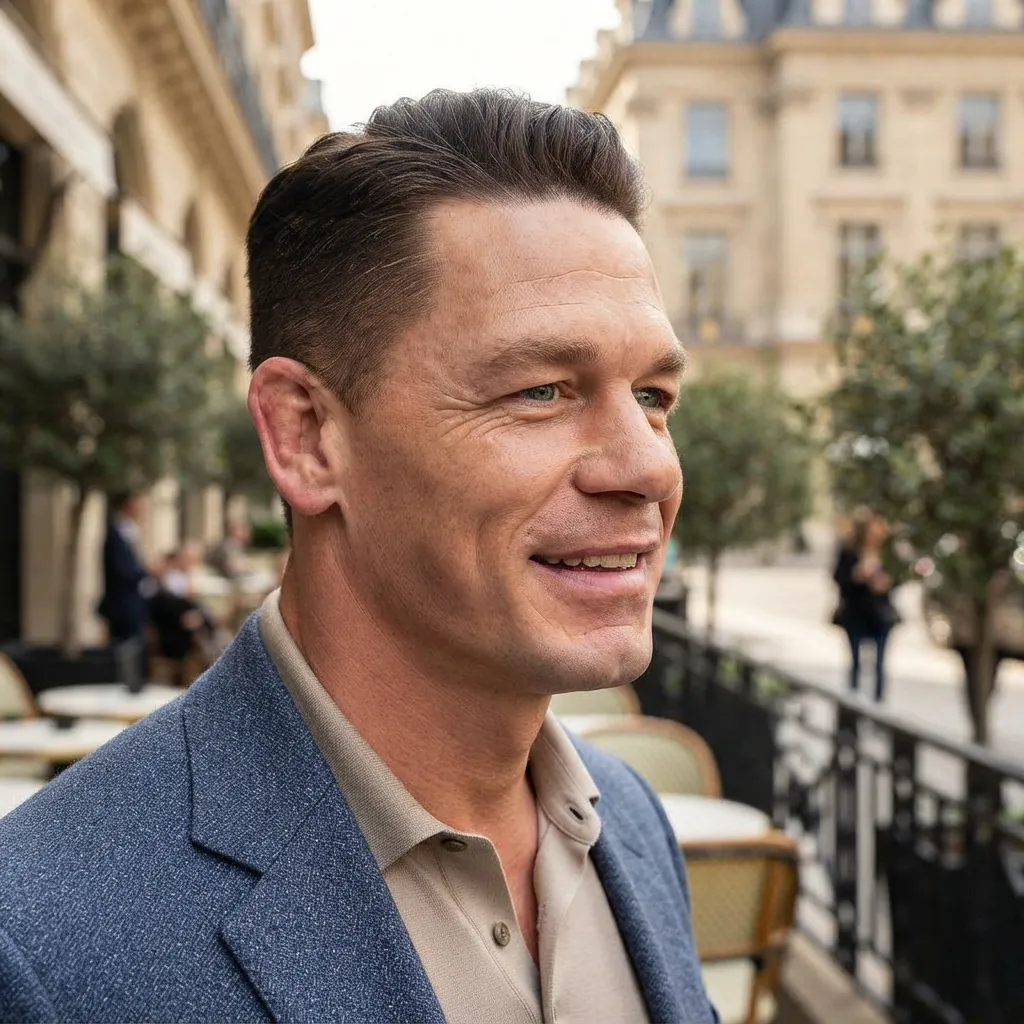 John Cena smiling in a blue blazer and beige polo shirt outdoors on a city street.
