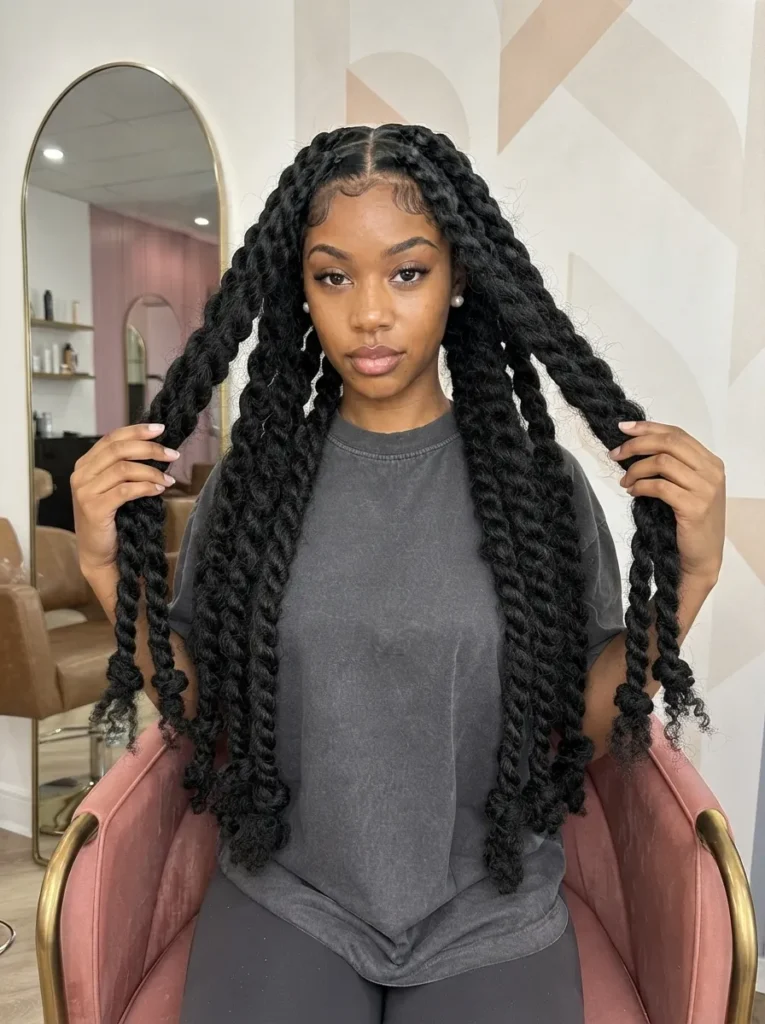 Portrait of a woman holding up the ends of her long, thick jumbo black rope twists in a salon setting.