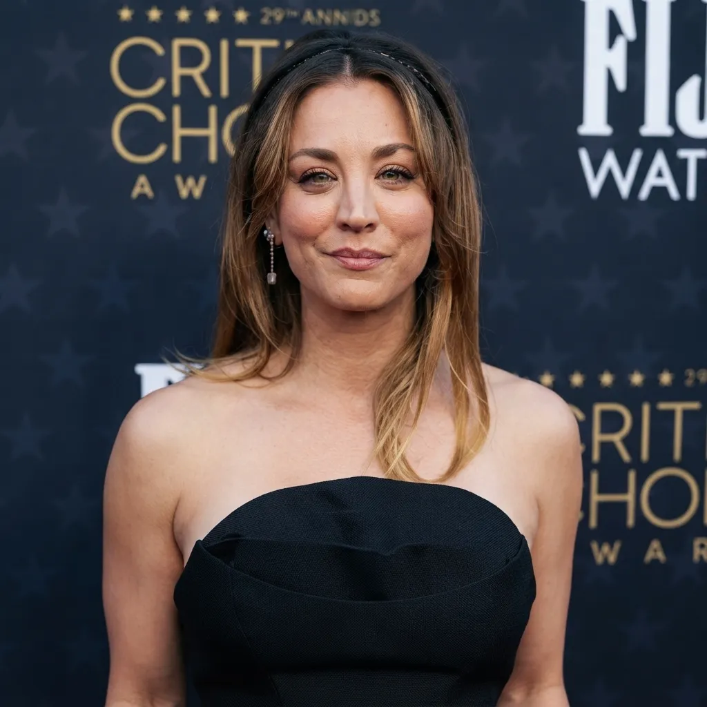 Kaley Cuoco smiling in a black strapless gown on a blue "Critics Choice Awards" backdrop.