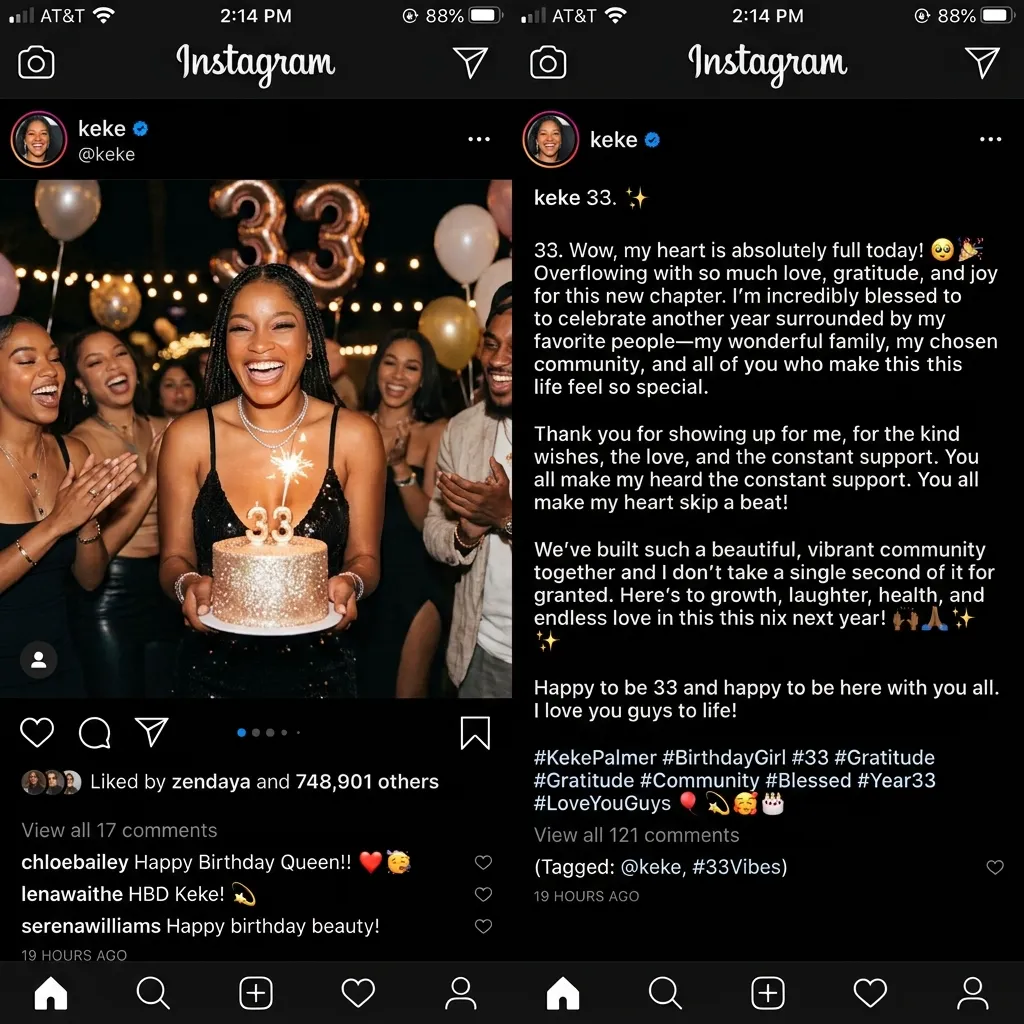 Two side-by-side screenshots of an Instagram post by Keke Palmer. The left image shows her laughing while holding a sparkling birthday cake surrounded by friends. The right image displays her caption expressing gratitude for her 33rd birthday.