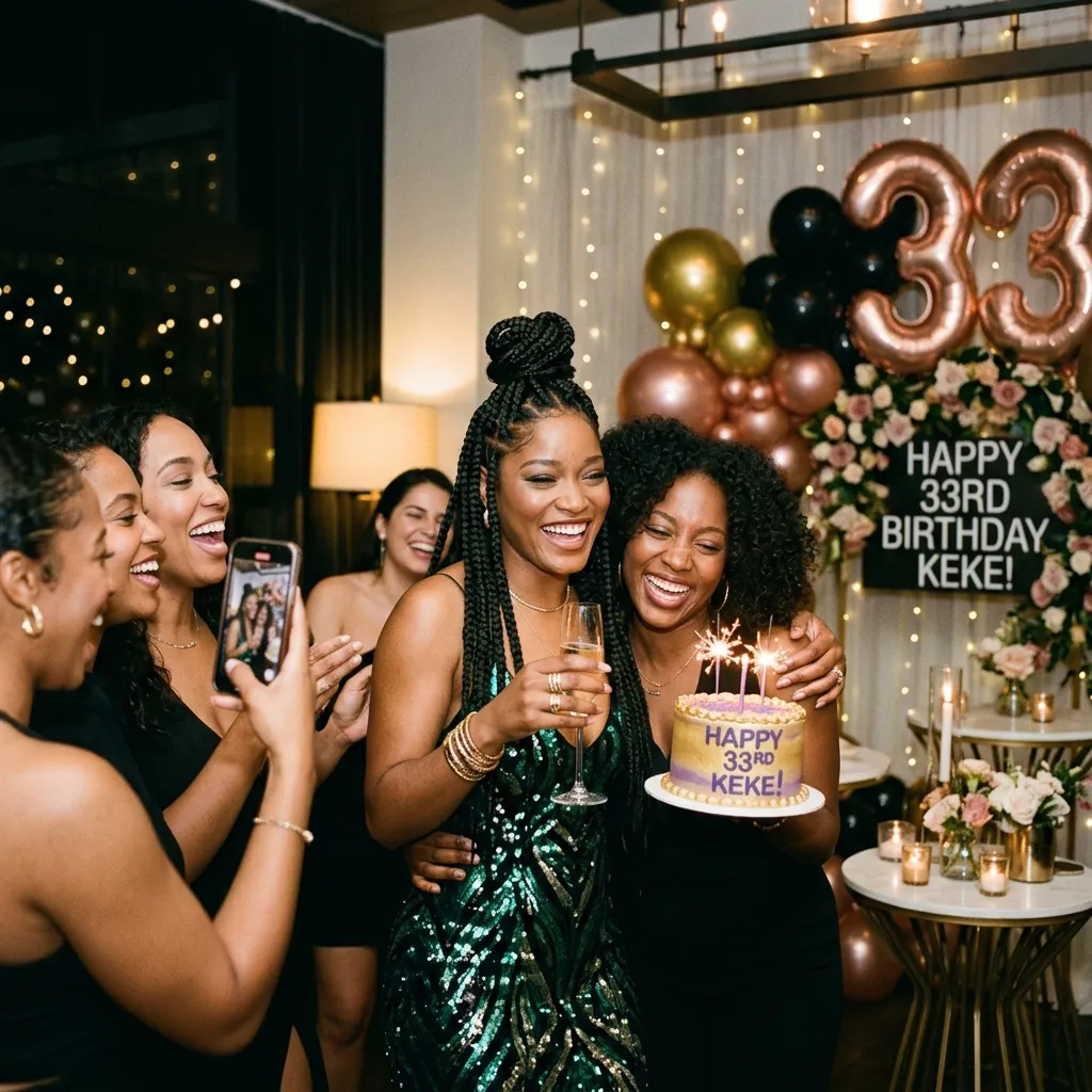 Keke Palmer laughing joyfully with a glass of champagne, standing next to a friend holding a "Happy 33rd Keke!" cake. They are surrounded by smiling friends at a party decorated with balloons and string lights.