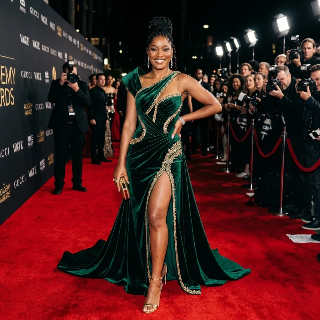 Keke Palmer smiling on a red carpet, posing with one hand on her hip. She is wearing an elegant, one-shoulder dark green velvet gown with gold beaded embellishments and a high leg slit.