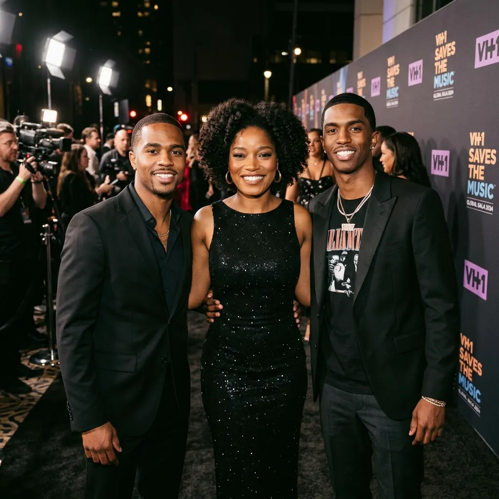 Keke Palmer smiling warmly in a black, sleeveless sequined dress, standing between two men in black suits on a red carpet for a VH1 Saves The Music event.