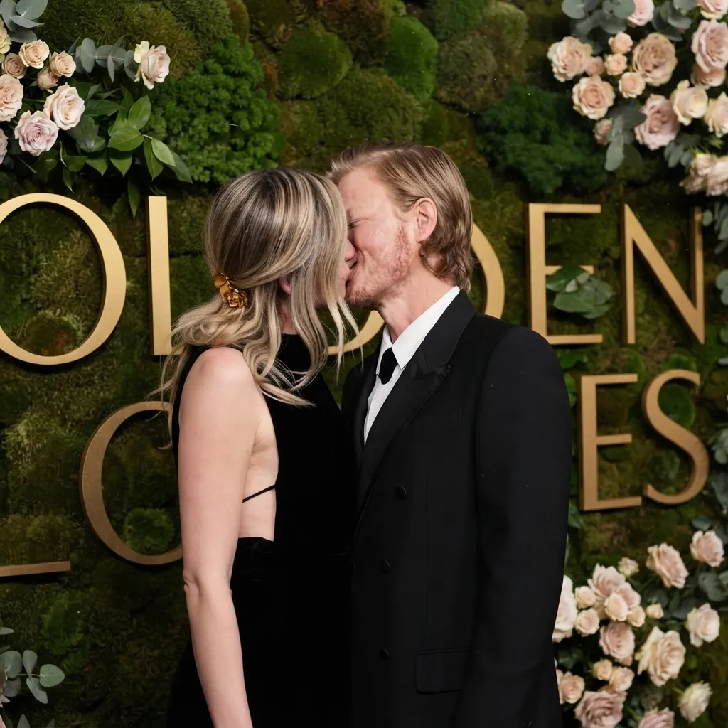 Kirsten Dunst in a black velvet dress kissing her husband Jesse Plemons in a black tuxedo in front of a floral green moss wall displaying the Golden Globes logo.