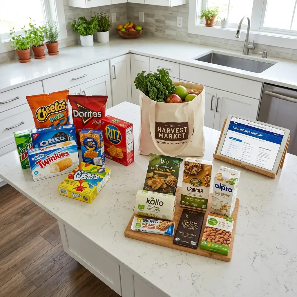 A kitchen countertop displaying a side-by-side comparison of ultra-processed snacks and organic whole foods.