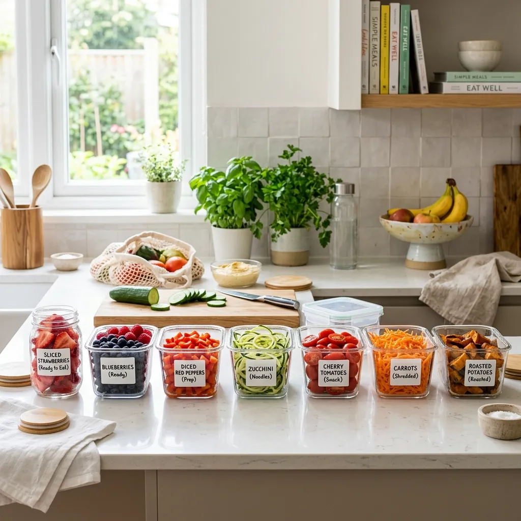 Clear meal prep containers neatly labeled with foods like sliced strawberries, blueberries, and chopped vegetables on a kitchen counter.