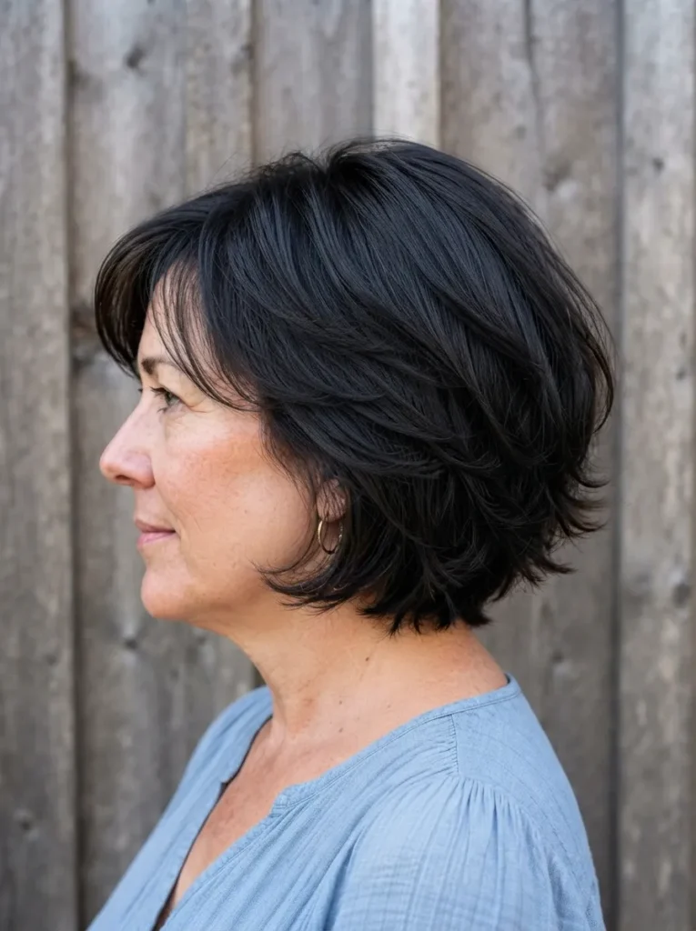 Side profile of a woman with a dark, shoulder-grazing layered bob and soft bangs standing in front of a wooden panel background.