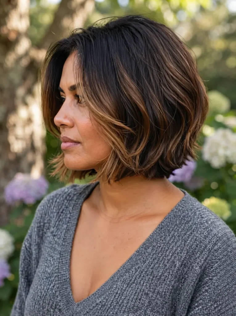 Woman with a wavy dark brown bob haircut with warm balayage highlights wearing a grey sweater outdoors.