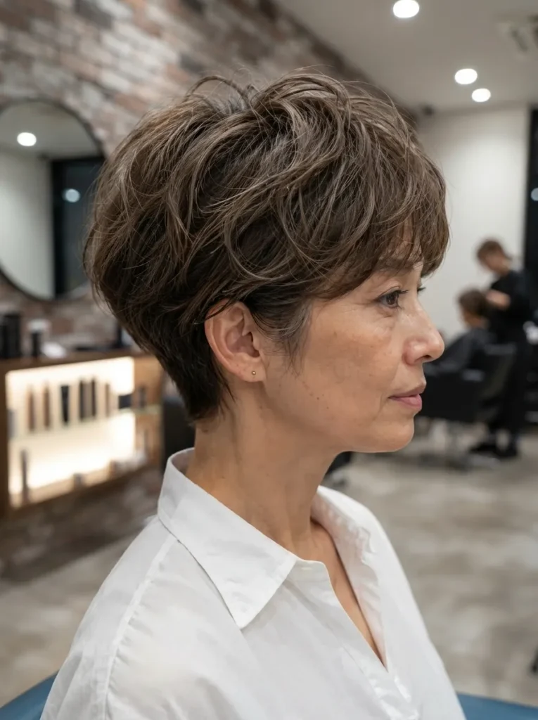 Side profile of a woman with a tapered grey and brown voluminous pixie haircut in a hair salon