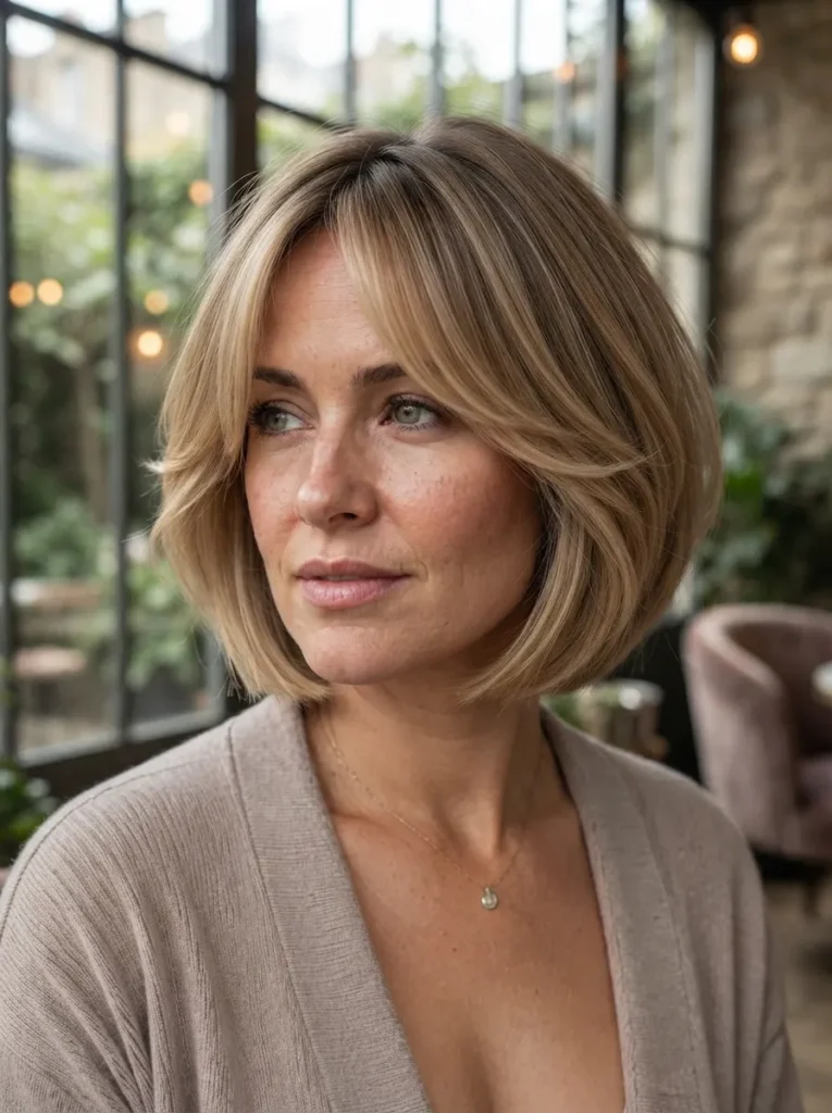 Layered blonde bob with curtain bangs against a large window backdrop