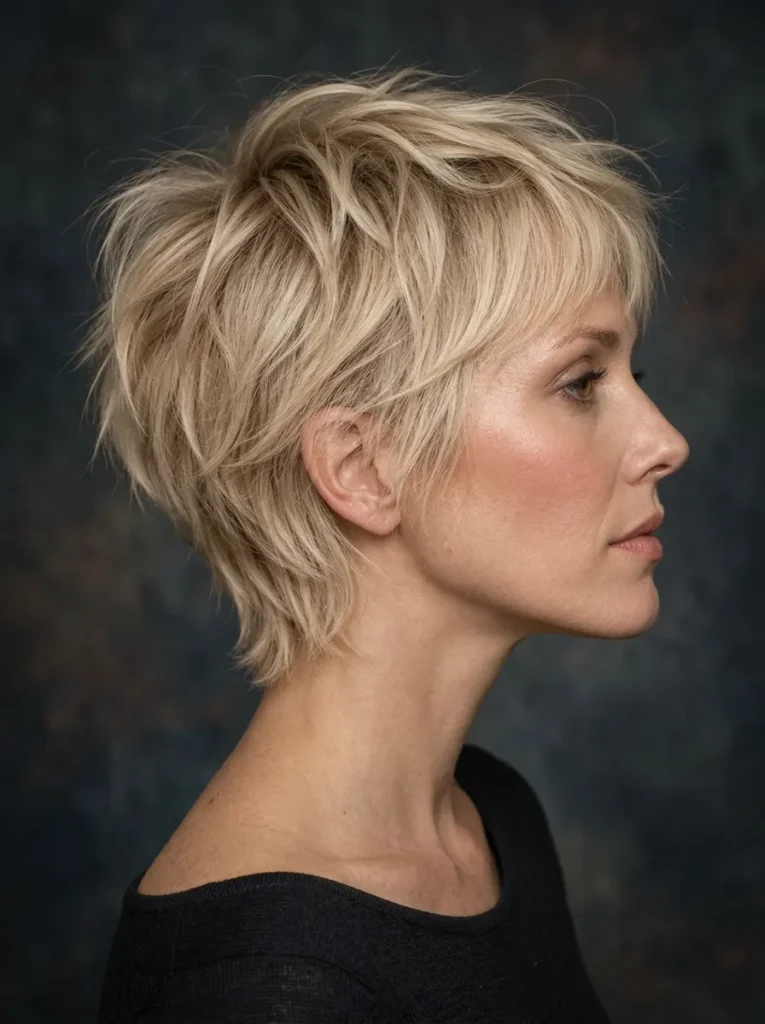 Side profile showcasing a layered champagne blonde pixie cut with soft textured volume and long side-burns against a dark backdrop.