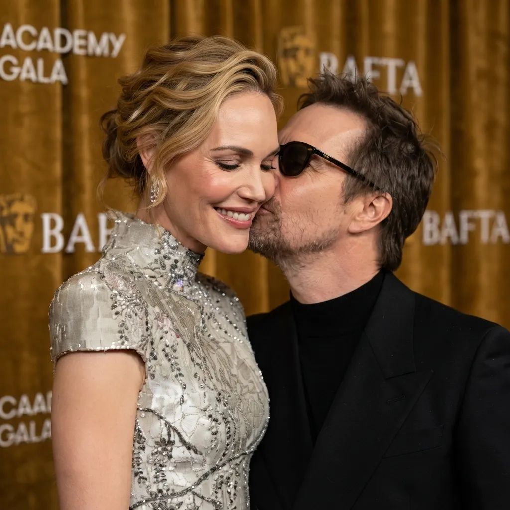 Leslie Mann in a sparkling high-neck dress smiling as her husband Judd Apatow, wearing sunglasses and a black suit jacket, kisses her cheek in front of a BAFTA Academy Gala backdrop.