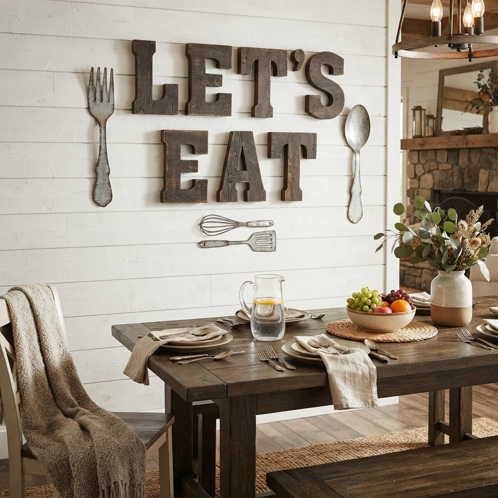 Large wooden wall letters spelling "LET'S EAT" mounted on white shiplap walls above a dark wood dining table set with plates, a glass pitcher of water, and a vase of flowers in a rustic kitchen.