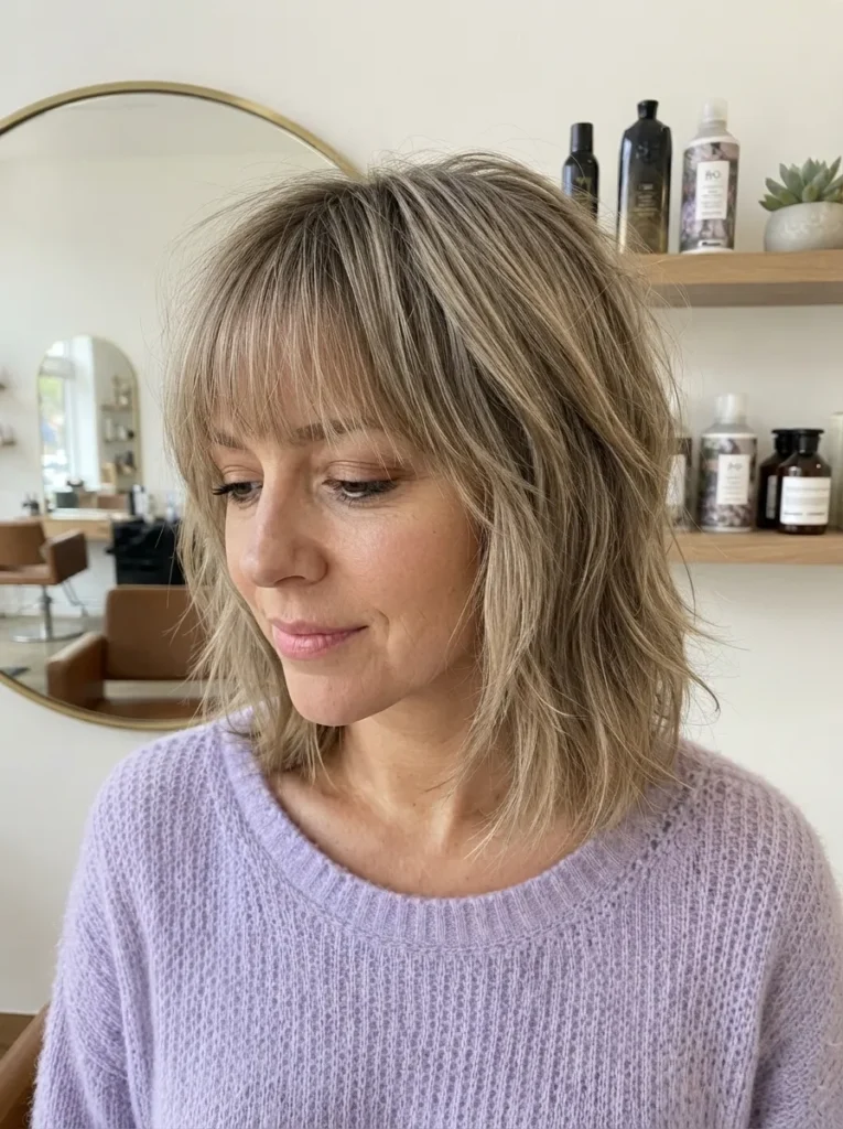 Woman with a light blonde textured shag and straight bangs wearing a lavender sweater.