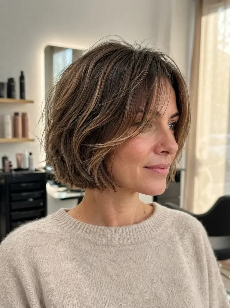 A woman with a light brown layered bob wearing a beige sweater.