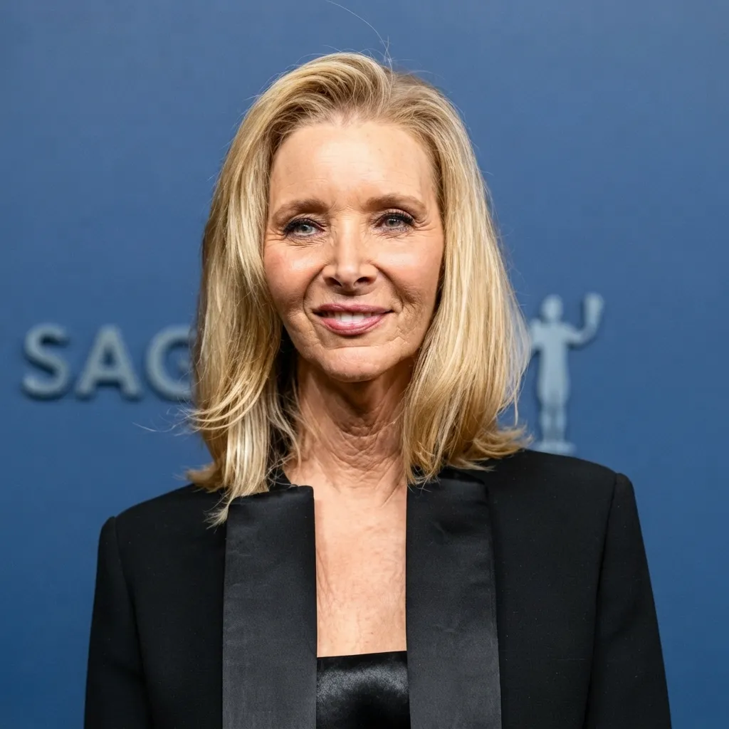 Lisa Kudrow posing in a black suit jacket and top in front of a blue background.