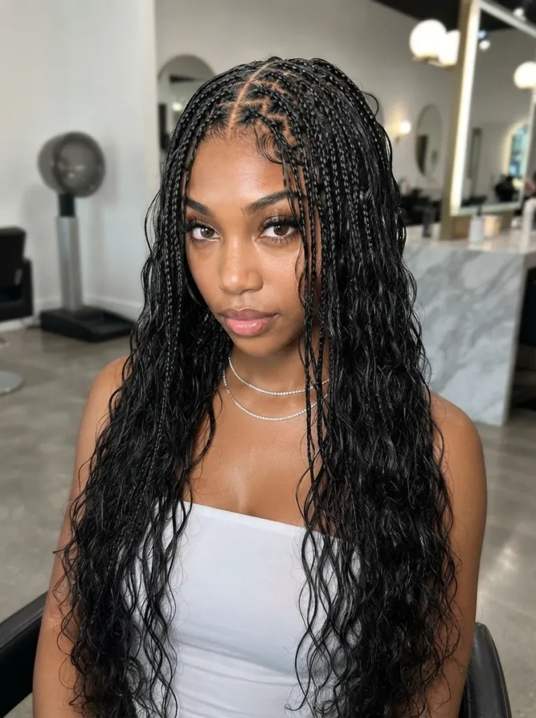 A portrait of a woman with long, black bohemian box braids featuring neatly laid edges and subtle rhinestone necklaces.