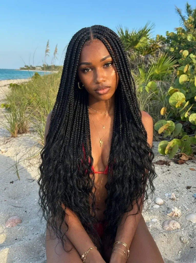 A woman kneeling on a sunny beach with tropical foliage in the background, wearing a red bikini and long, dark, wavy goddess box braids.