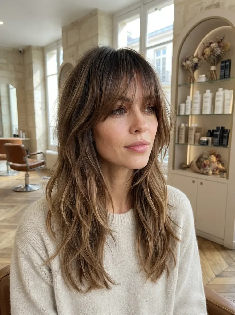 Woman with long brown layered hair and curtain bangs wearing a cream knit sweater inside a salon.