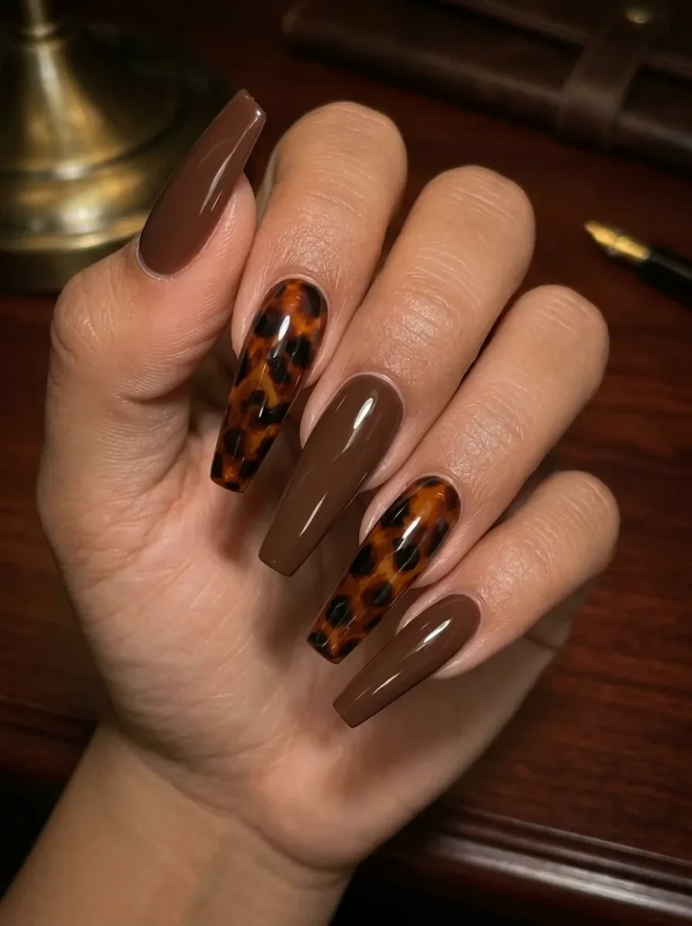 Hand displaying long coffin nails featuring glossy brown and tortoiseshell print accent nails.
