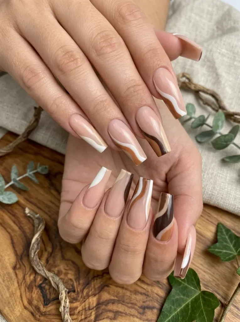 Hands showcasing long square nails with layered caramel brown and white swirl patterns against a wooden background.