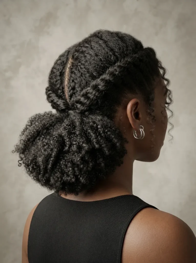 Back profile of a Black woman with braided crown twists sweeping back into a voluminous low curly puff and silver hoop earrings.