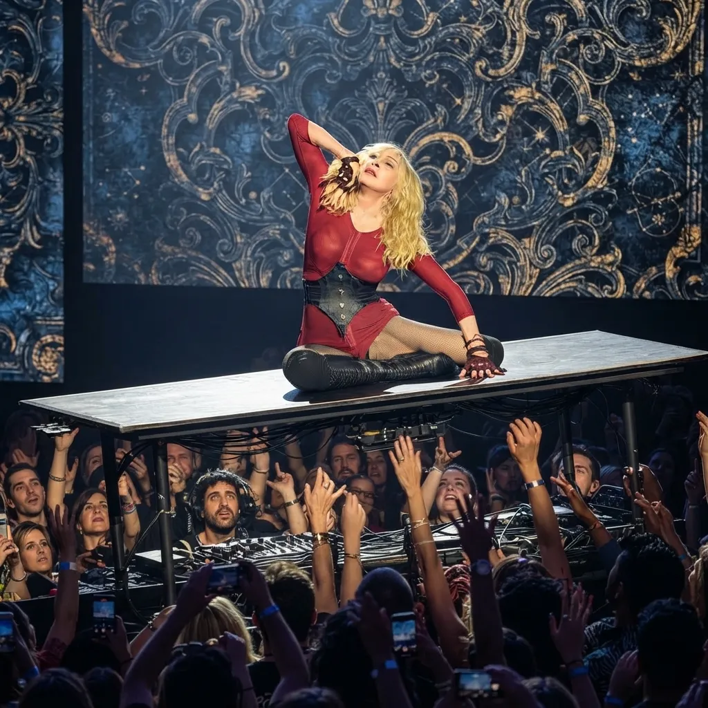 Madonna performing in a red outfit on an elevated table stage above a crowd reaching up with phones.