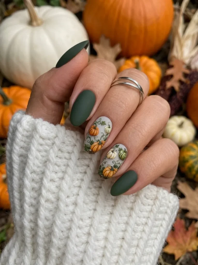 Hand wearing a white sweater showcasing matte green almond nails with hand-painted pumpkin patch accent art against a background of autumn pumpkins